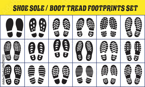 Collection of Shoe Sole and Boot Tread Footprint Graphics for Design.