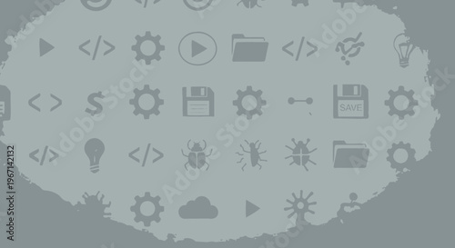 Web development, coding, programming icons, gray silhouette symbols, technology graphics