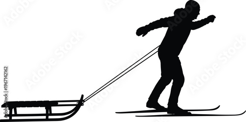 Cross country skier pulling sled silhouette representing winter sport training, outdoor adventure activity and endurance skiing practice