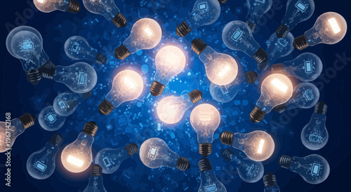 Glowing light bulbs, bright ideas, illuminated lamps, blue background