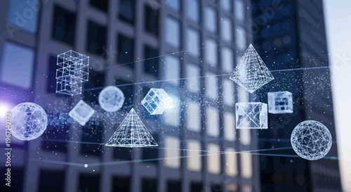 Futuristic technology icons, geometric shapes, business background, digital network, modern infrastructure