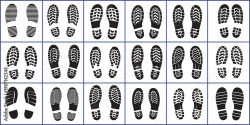 Boot tread footprints set, An extensive grid collection of various shoe sole patterns and distinct footprints, perfect for design and tracking purposes