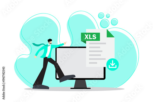 Modern flat vector illustration of a businessman downloading an XLS spreadsheet file.