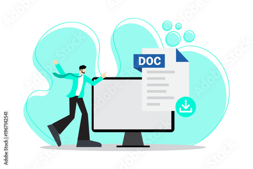 Flat design illustration of a businessman downloading a DOC document file from a computer screen.