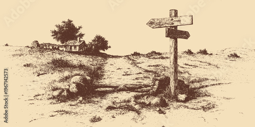  A vector illustration of a wooden trail sign. Two arrows pointing in opposite directions, with the silhouette of a walking path.