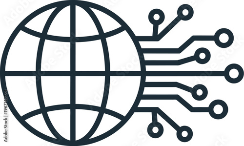 Dark outline icon depicts global network connection linking a wireframe earth with digital circuit paths.
