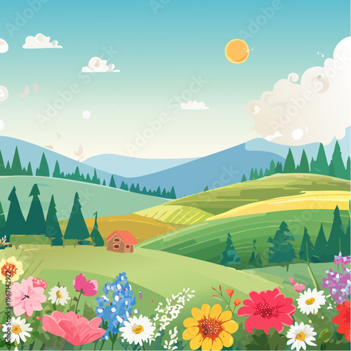 Lebendige Frühlingsszene mit Blumen und Wiesen auf sanften Hügeln