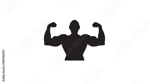 Silhouette of a muscular man flexing his biceps with a white background, symbolizing strength and fitness.