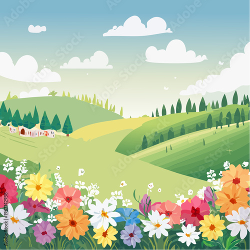 Lebendige Frühlingsszene mit Blumen und Wiesen auf sanften Hügeln