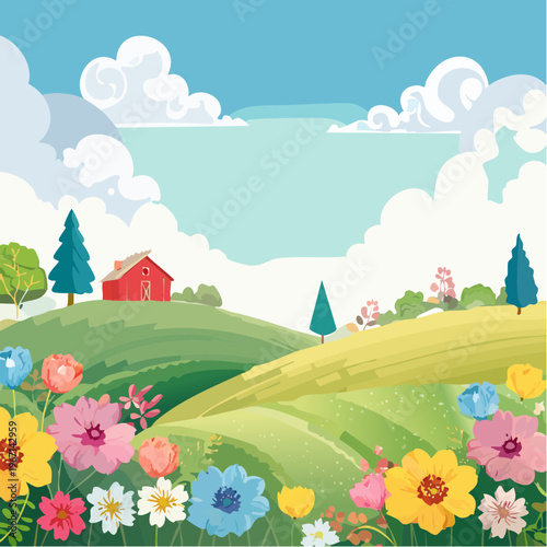 Lebendige Frühlingsszene mit Blumen und Wiesen auf sanften Hügeln