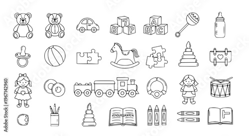 Children and baby toys doodle set with kindergarten equipment including blocks teddy bear and toy car hand drawn vector illustration