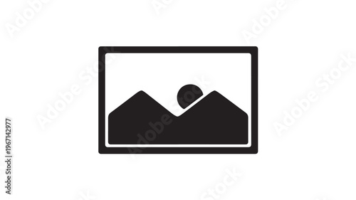 Picture frame icon with mountains and sun silhouette on a white background, representing an image placeholder.