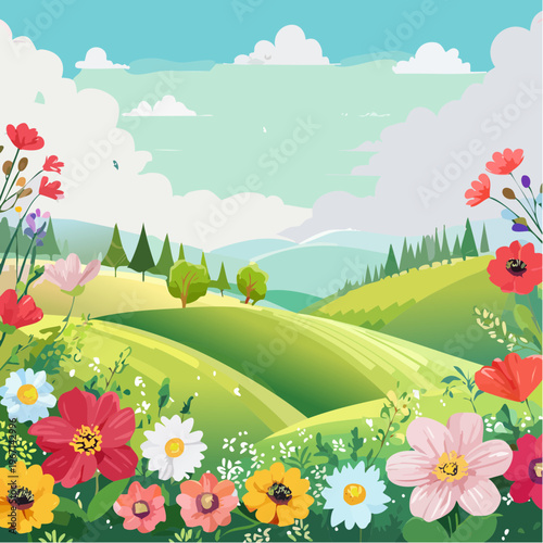 Lebendige Frühlingsszene mit Blumen und Wiesen auf sanften Hügeln