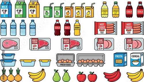 Vector Illustration of Grocery Items Including Milk Juice Soda Meat Eggs Fruits Vegetables and Pasta for Food and Shopping Themes