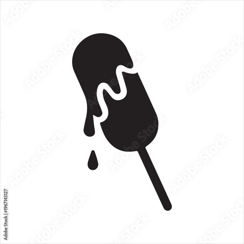 Corn dog with dripping sauce forming abstract shapes, solid silhouette icon for fast food design
