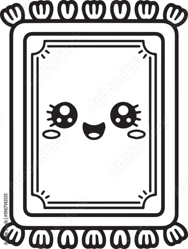Happy rectangular prayer rug vector illustration with cute smiling face and decorative border frame for children religious coloring book
