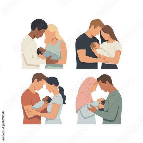 Multicultural Diverse Parents Set Holding Newborn Babies in Minimalist Flat Vector Style