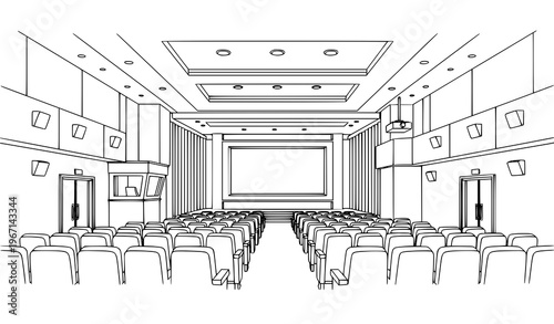 Modern cinema interior black and white line art vector with theater seats and movie screen in clean architectural style