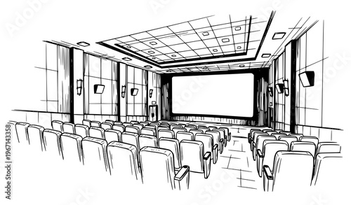 Cinema hall interior sketch vector in black and white with seating rows and screen in perspective hand drawn style