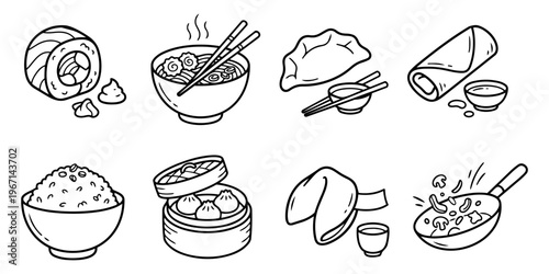 Asian Food Icon Set with Ramen and Sushi Hand Drawn Minimal Line Art Illustrations