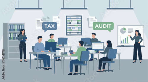 Financial professionals collaborating in an office, handling tax and audit services