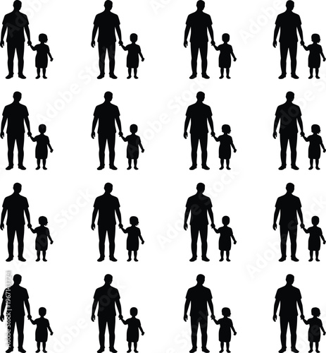 PrintFamily silhouettes, parent child figures, holding hands, companionship design, repeating pattern, grid layout, domestic bond, parenting theme, unity, togetherness