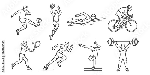 Athlete character collection with footballer basketballer and sprinter in minimal black line art style