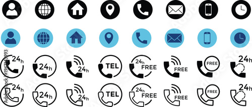 Business card icon set, 24 hours Icon. contact information icon. Contact icon set. Vector. 24-hour service icon with Contact icon
