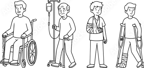 Set of patient characters: medical people in wheelchair and crutches, line art doodle illustration, isolated.