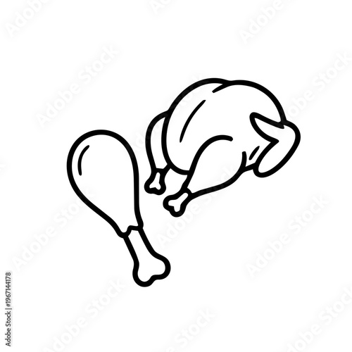 Bold Line Roast Chicken and Drumstick Illustration / Poultry Vector Icon