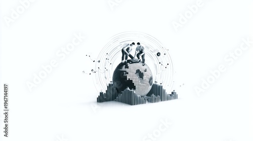 Wallpaper Mural Workers collaborate atop pixelated earth, above bar graph, with radiating energy lines Torontodigital.ca