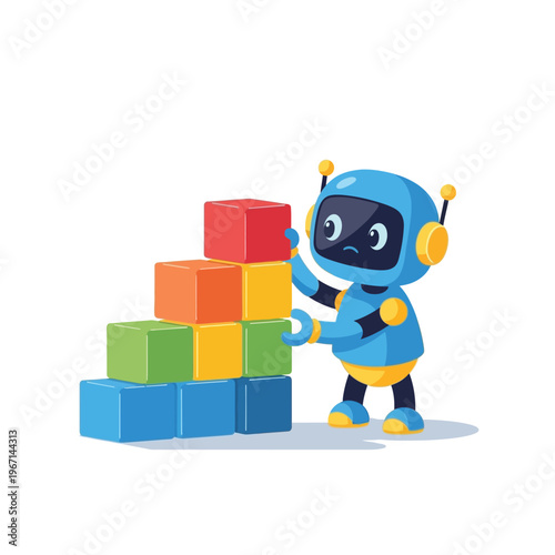 “AI Robot Building Block Structure – Flat Vector Illustration of Problem Solving and Growth Strategy” 