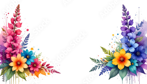 Vibrant colorful flower bouquets with splashes of pink purple and yellow petals isolated on a transparent background
