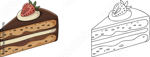 Chocolate cake illustration & outline set isolated on transparent background  