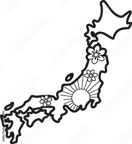 Outline map of Japan with flowers and sun simple doodle illustration
