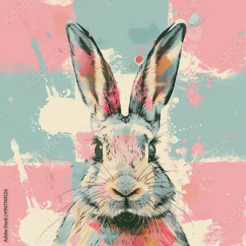 Artistic bunny portrait with colorful paint splashes in pastel tones, modern grunge style illustration evoking Easter mood and playful creative design