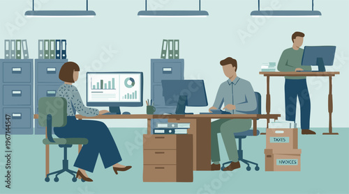 Business team working in office, analyzing data and managing finance.