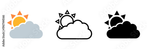 天気アイコンセット 晴れ時々曇りの太陽と雲シンボル シンプルUIベクター素材 / Weather icon set partly cloudy sun cloud symbol simple UI vector
