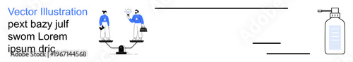 Business decisions, balance, hygiene practices, equality, teamwork, responsibility. Two people balanced on a scale with a sanitizer bottle on the side. Business decisions and hygiene practices ion