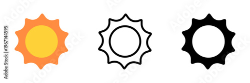 サンバースト太陽アイコンセット ギザギザ光線の晴れ・天気シンボル シンプルUIベクター素材 / Sunburst icon set jagged rays sun weather symbol simple UI vector
