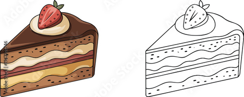 Chocolate cake illustration & outline set isolated on transparent background  