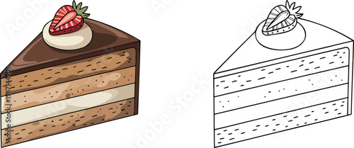 Chocolate cake illustration & outline set isolated on transparent background  