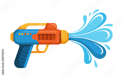 Colorful cartoon water gun shooting blue water splash for Songkran festival celebration isolated vector illustration