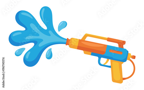 Colorful cartoon water gun shooting blue water splash for Songkran festival celebration isolated vector illustration