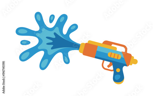 Colorful cartoon water gun shooting blue water splash for Songkran festival celebration isolated vector illustration