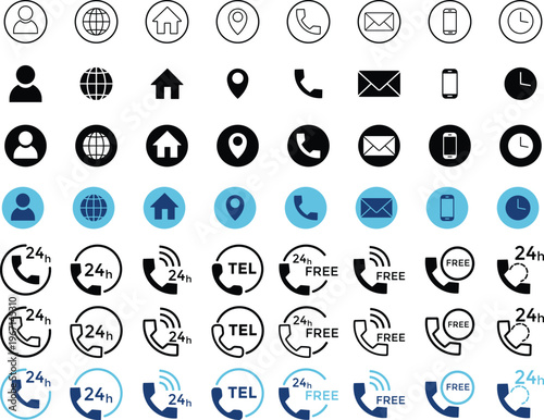 Contact icon set with 24 hours Icon Service. Business card icon set, contact information icon. Phone, mail, fax, info, e-mail. Vector illustration

