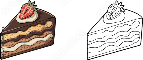 Chocolate cake illustration & outline set isolated on transparent background  