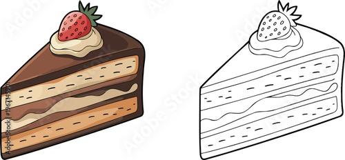 Chocolate cake illustration & outline set isolated on transparent background  