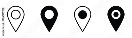 Location pin icon set. Map marker and navigation symbols. GPS point and destination sign. Geolocation and tracking concept.