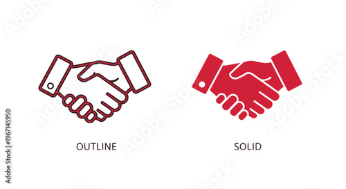 Handshake icons in outline and solid styles for business and partnership concepts